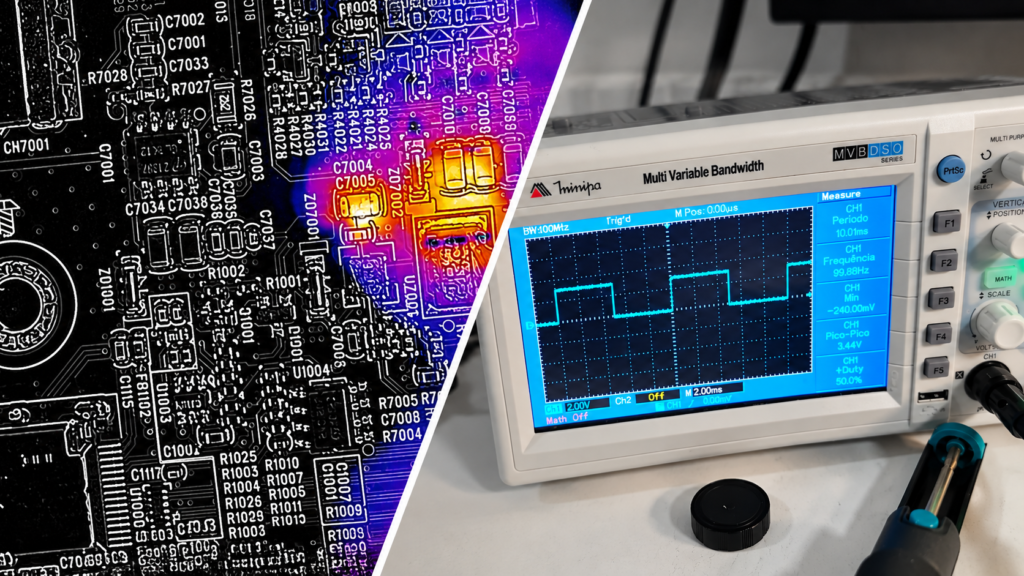 Análise eletrônica de placa CTP CRON com câmera térmica e osciloscópio