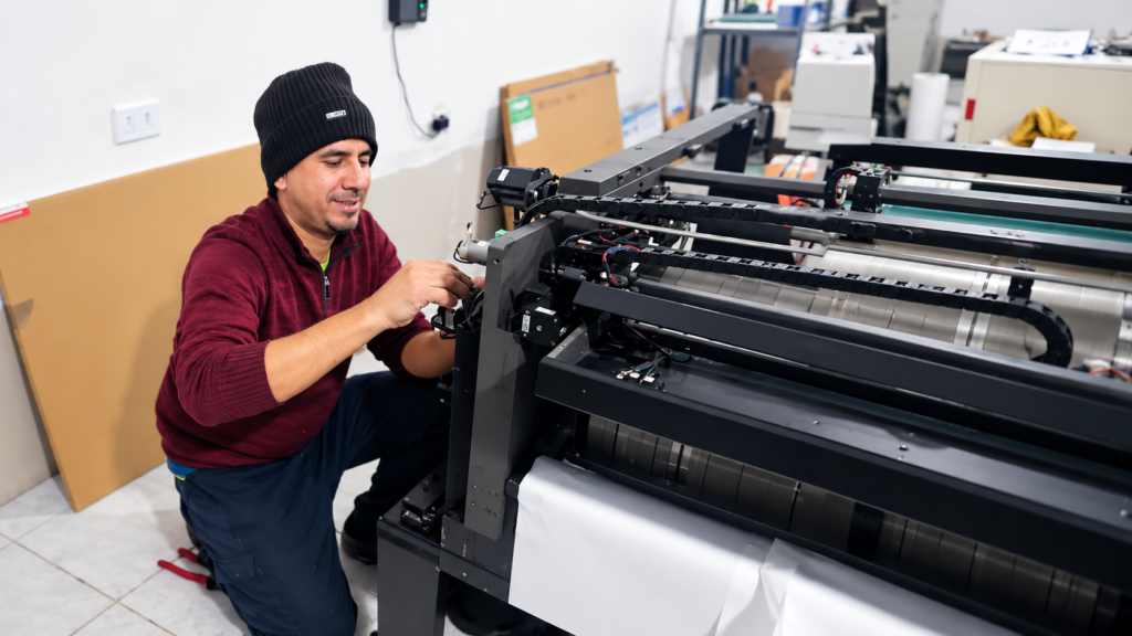 Técnico realizando manutenção em equipamento CTP CRON